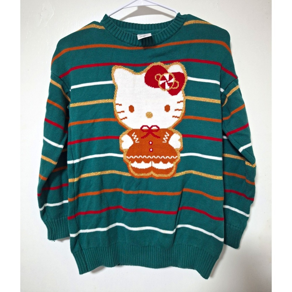 Sanrio Sweater Womens L Green Hello Kitty Gingerbread Ugly Christmas Striped